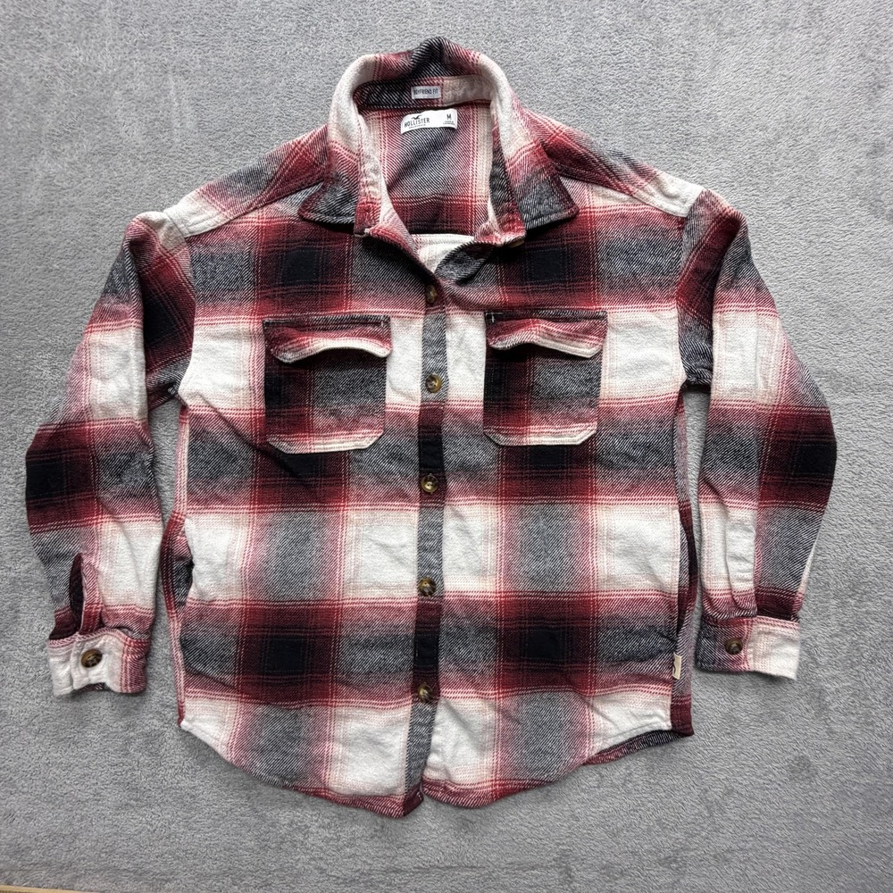 Hollister Shirt Womens Medium Red Plaid Flannel Boyfriend Long Sleeve Button Up